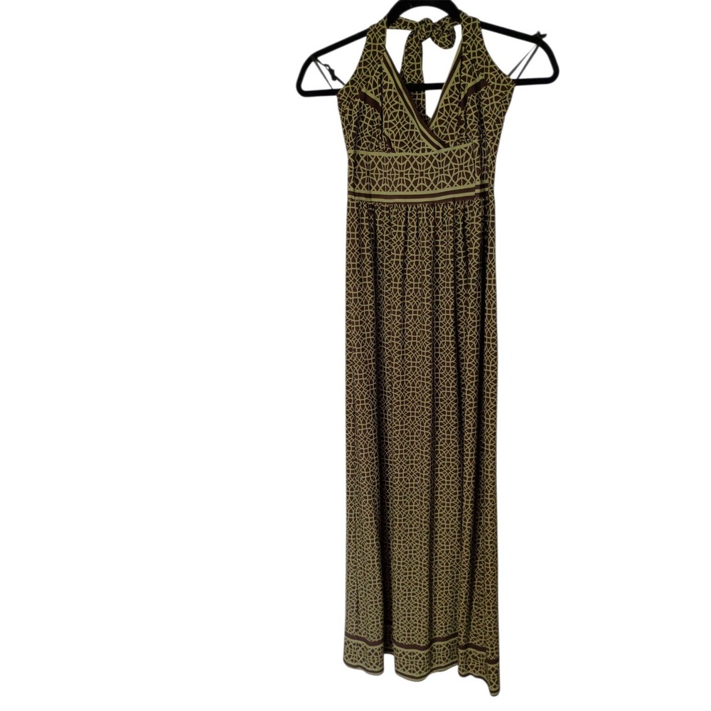 Geometric Trellis Halter Maxi Dress Brown Green V-Neck Empire Waist Sleeves S